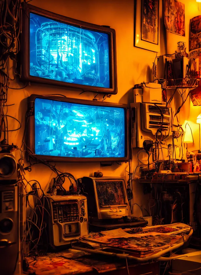 Image similar to telephoto 7 0 mm f / 2. 8 iso 2 0 0 photograph depicting the feeling of chrysalism in a cosy cluttered french sci - fi ( ( art nouveau ) ) cyberpunk apartment in a dreamstate art cinema style. ( ( computer screens, sink ( ( ( fish tank ) ) ) ) ), ambient light.