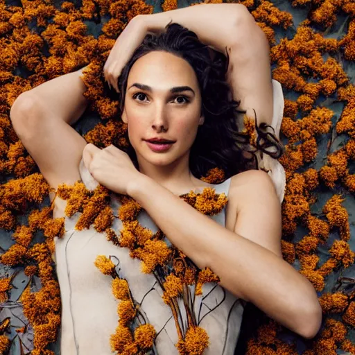 Image similar to full body fine art photo of the beauty gal gadot, she is lying down and covered by dried flowers, taken by oleg oprisco