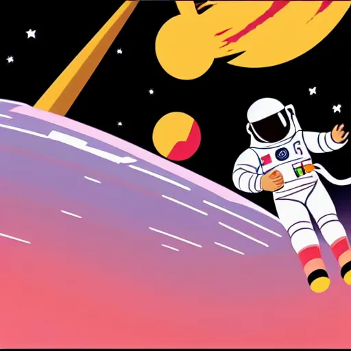 Prompt: An astronaut in space riding on a rocket, in the style of hiroshi nagai