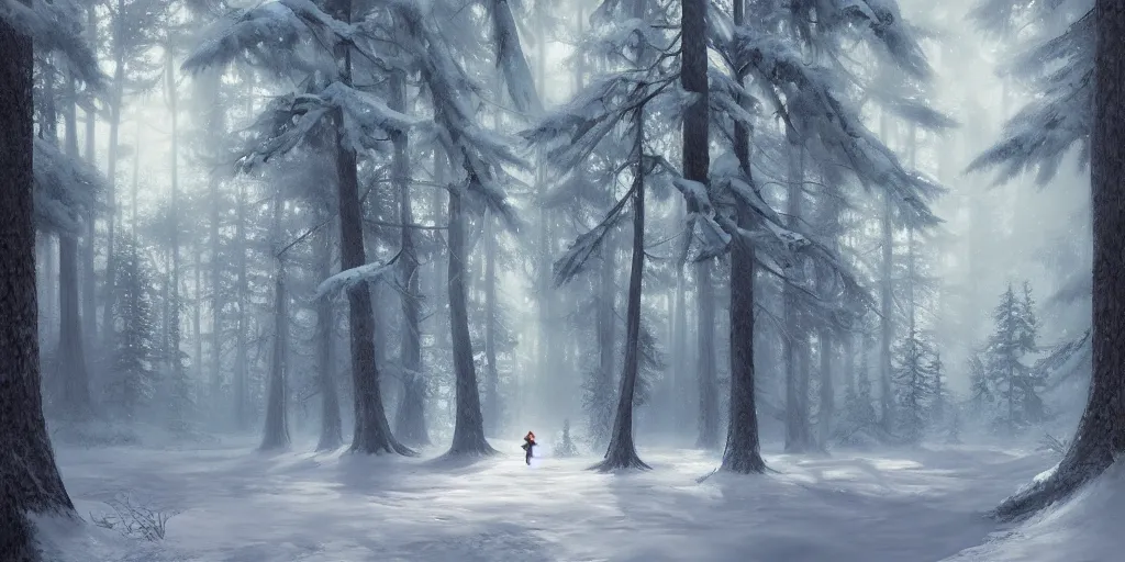 Prompt: a winter forest, highly detailed oil painting, Jessica Rossier, Studio Ghibli, range murata, digital art, octane render, beautiful composition, trending on artstation, masterpiece