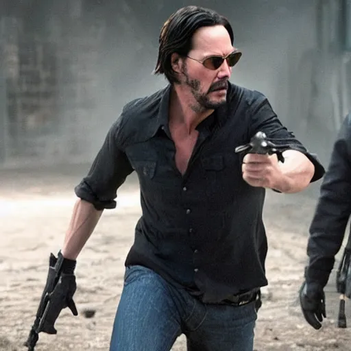 Image similar to movie still of keanu Reeves fighting Jack Bauer