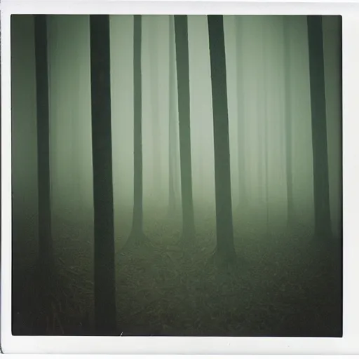 Image similar to concrete structure in a forest clearing at night, foggy, minimalistic architecture, dark, surreal, open space, light art, james turrel, old polaroid, expired film,