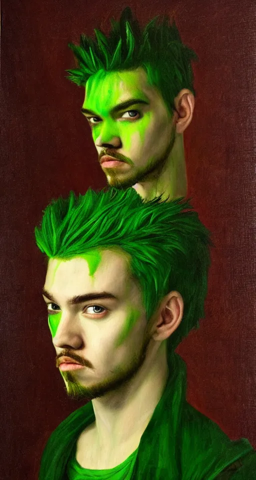 Image similar to jacksepticeye with dyed green hair renaissance portrait painting, chiaroscuro, oil paints on canvas