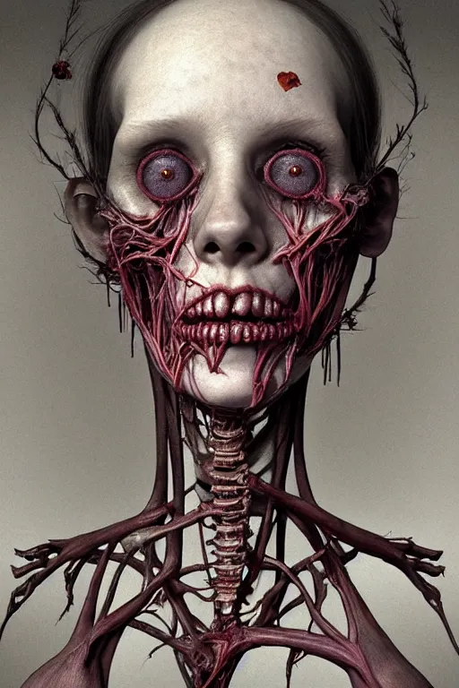 Image similar to very sad and detailed rotten woman corpse with fractal ornate growing around her face muscles, veins, arteries, bones, anatomical, skull, eye, ears, intricate, surreal, ray caesar, john constable, guy denning, dan hillier