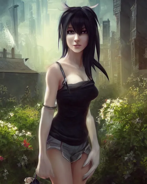 Image similar to tifa lockhart with white hair, beautiful face, very shy, elegant clothes, introverted, garden, utopian city, solarpunk, perfect, attractive, illuminated, ultra realistic, atmosphere, cinematic, artstation, highly detailed, art by dmitry prozorov