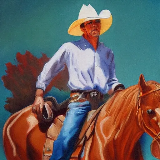 Image similar to a painting of a cowboy on horseback by mark maggiori