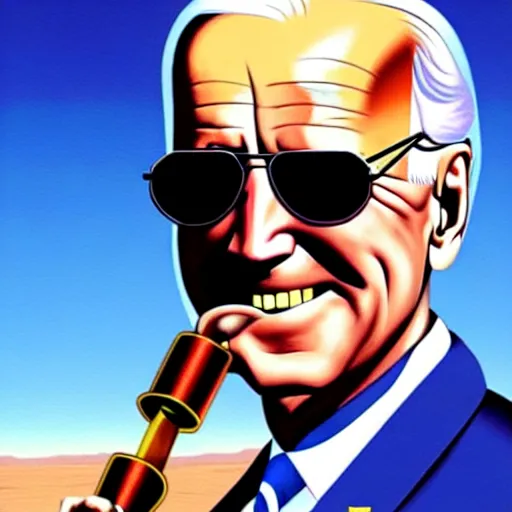 Prompt: Joe Biden holding a rocket launcher in the desert, oil painting, wearing sunglasses, epic