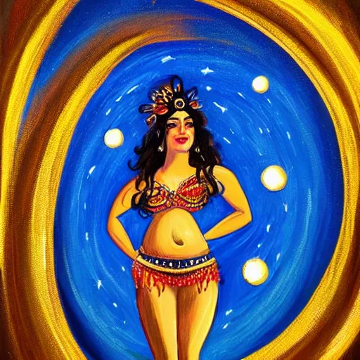 Image similar to painting of a belly dancer looking at a starry sky, stylized, highly detailed, soft light