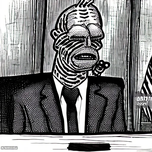 Image similar to beavis freddy krueger pinhead testifying in court, detailed faces