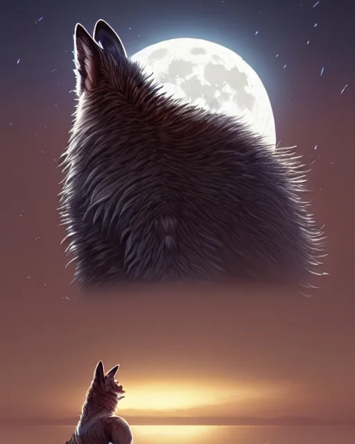 Image similar to highly detailed surreal vfx portrait of a samurai wolf in front of a full moon, stephen bliss, unreal engine, greg rutkowski, loish, rhads, beeple, makoto shinkai and lois van baarle, ilya kuvshinov, rossdraws, tom bagshaw, alphonse mucha, global illumination, detailed and intricate environment