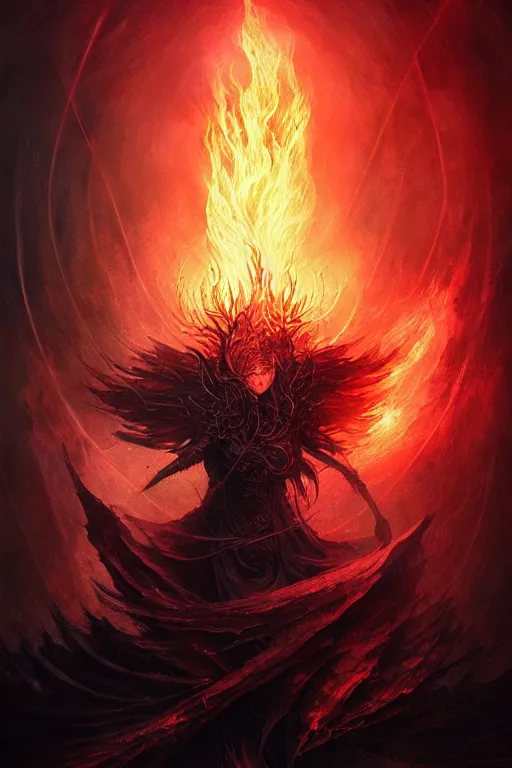 Image similar to Black Orb of Fire, digital art, fantasy, magic, trending on artstation, illustration by Seb McKinnon and Peter Mohrbacher, ultra detailed, atmospheric, powerful presence, bossfight, darksouls, grand finale, explosive entrance, final battle, cutscene, cinematic lighting, beautiful goddess, unleashing the power of the flame, burning pulse, close-up