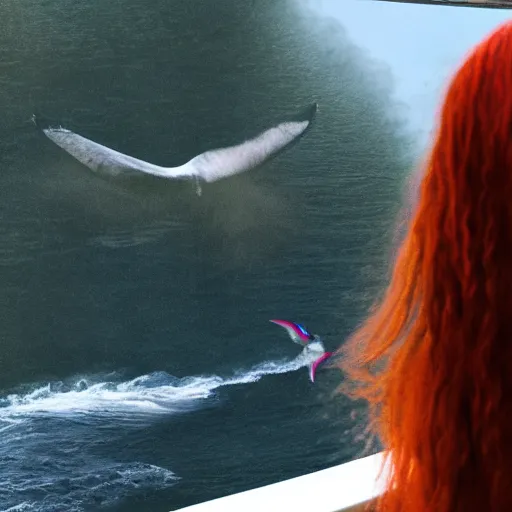 Image similar to a hyper realistic image of a very beautiful red haired girl standing near a window, she is facing the camera, a humpback is flying in the sky