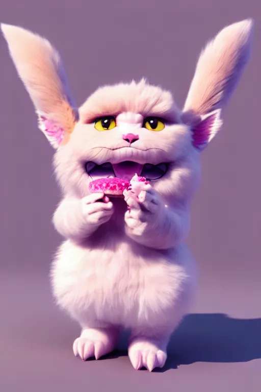 Image similar to high quality 3 d render hyperrealist very cute pastel fluffy! grumpy gargoyle cat hybrid eating giant ice cream full body, vray smooth, in the style of detective pikachu, hannah yata charlie immer, dramatic pink light, low angle, uhd 8 k, sharp focus