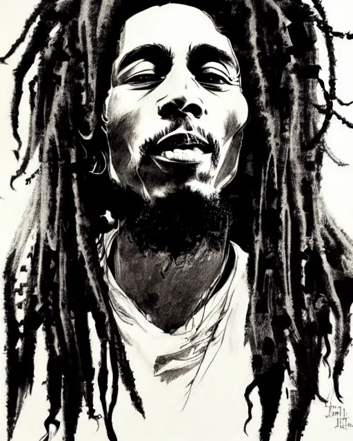 Image similar to / dream portrait of bob marley, concept art, sumi - e style, intricate linework, artstation, trending, highly detailed, smooth, focus, art by yoji shinkawa,