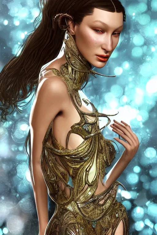 Image similar to a highly detailed portrait of a beautiful alien goddess bella hadid kleopatra in iris van herpen dress in diamonds in style of alphonse mucha art nuvo trending on artstation made in unreal engine 4