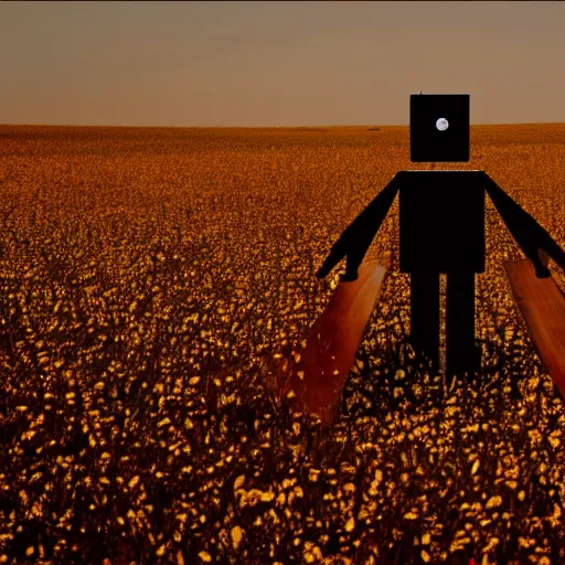 Prompt: sleek black brass robot with minimalist features like a farmer wielding a scythe, walking through a field of amber grai, during a cloudless day, smoke rising in the background, high definition, mike franchina, cinematic, ominous