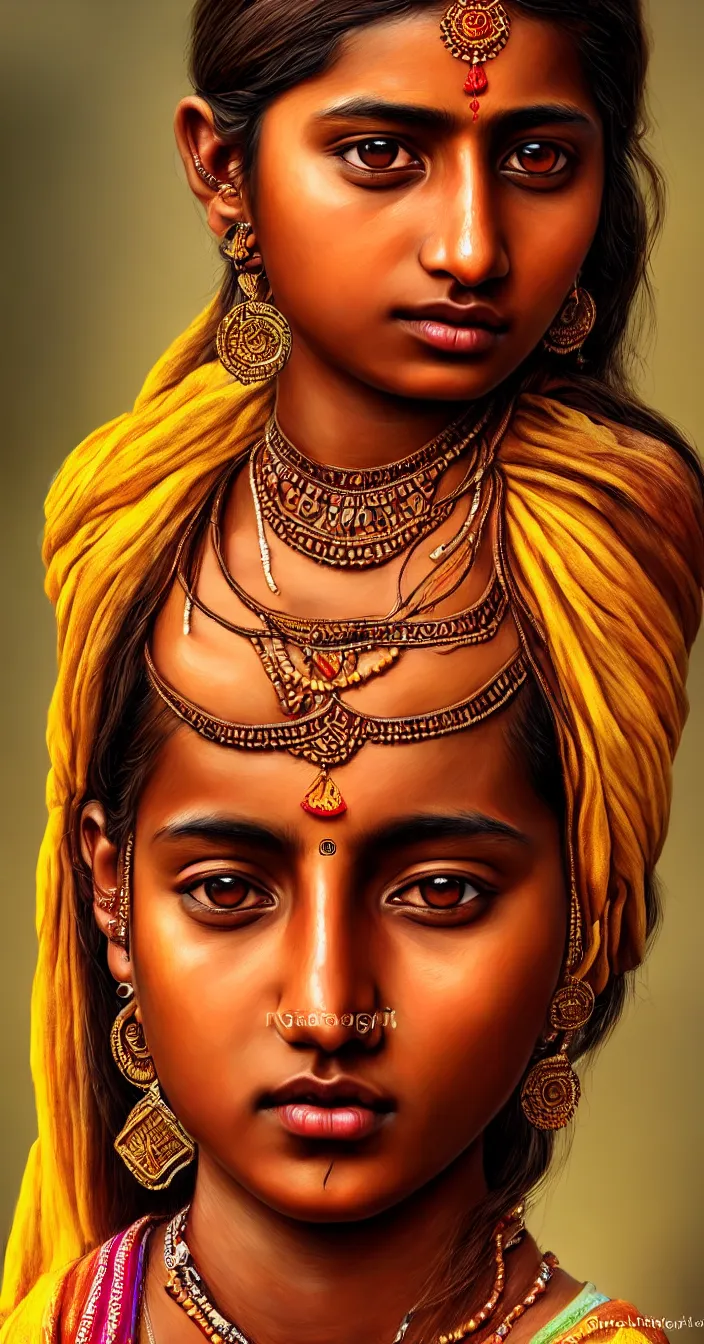 Image similar to realistic photo of a beautiful brown south asian tradisional girl, very sharp focus, in the style of greg rutswoski, very hyper realistic, highly detailed, fantasy art station