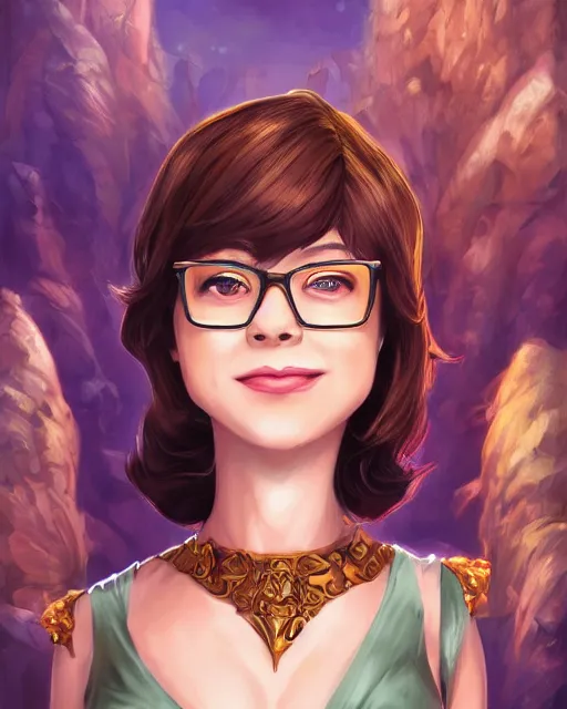 Image similar to a highly detailed illustration of velma from scooby doo, dramatic smile pose intricate, elegant, highly detailed, centered, digital painting, artstation, concept art, smooth, sharp focus, league of legends concept art, extremely detailed eyes, fantastic details full face, mouth, trending on artstation, pixiv, ultrahd, in the style of chris sanders