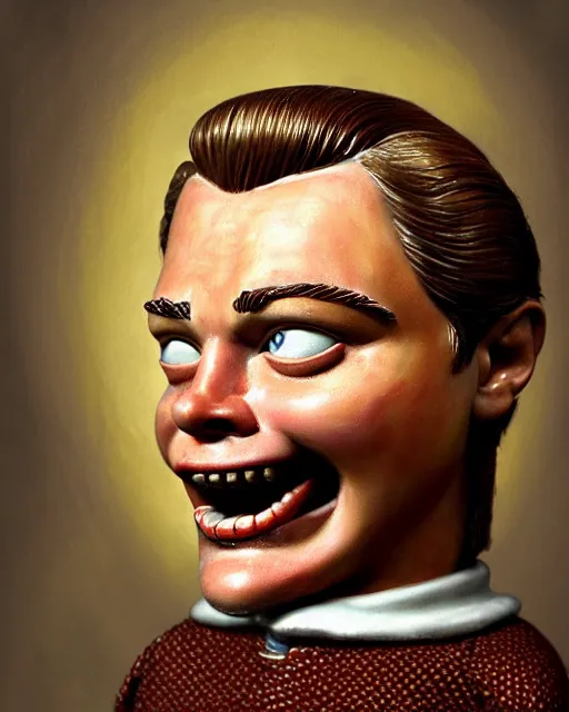 Image similar to highly detailed closeup, face profile portrait of a tin toy leonardo dicaprio as a medieval goblin eating cakes in a castle, hyper realistic, artstation, illustration, nicoletta ceccoli, mark ryden, lostfish, dan decarlo, bob clampett, max fleischer, digital paint, matte paint, vivid colors, detailed and intricate environment