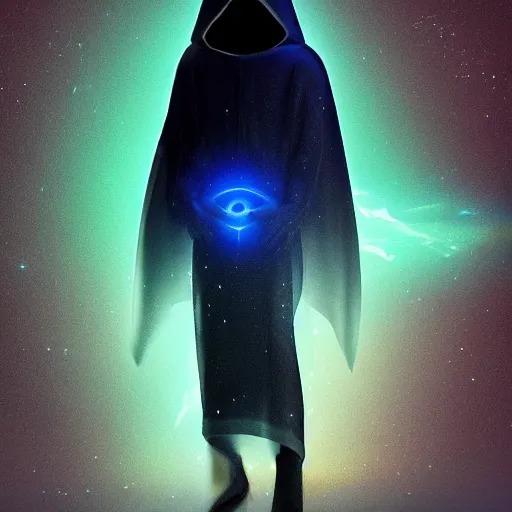 Prompt: award - winning. trending on artstation. 4 k. a faceless astral figure wearing a hooded cape made of the night sky with 1 dark blue glowing eye on its face. full - body.