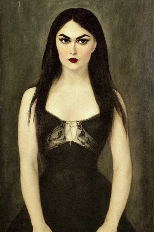 Image similar to upper body portrait sasha grey as morticia addams by alfred stevens