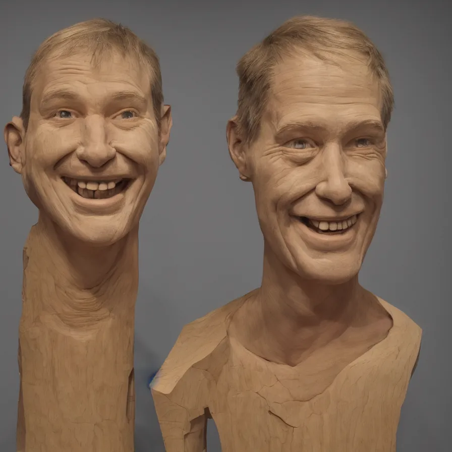 Prompt: hyperrealistic sculpture of a human face smiling carved out of laminated plywood on a pedestal by ron mueck and duane hanson and lee bontecou, hyperrealistic dramatic colored lighting trending on artstation 8 k