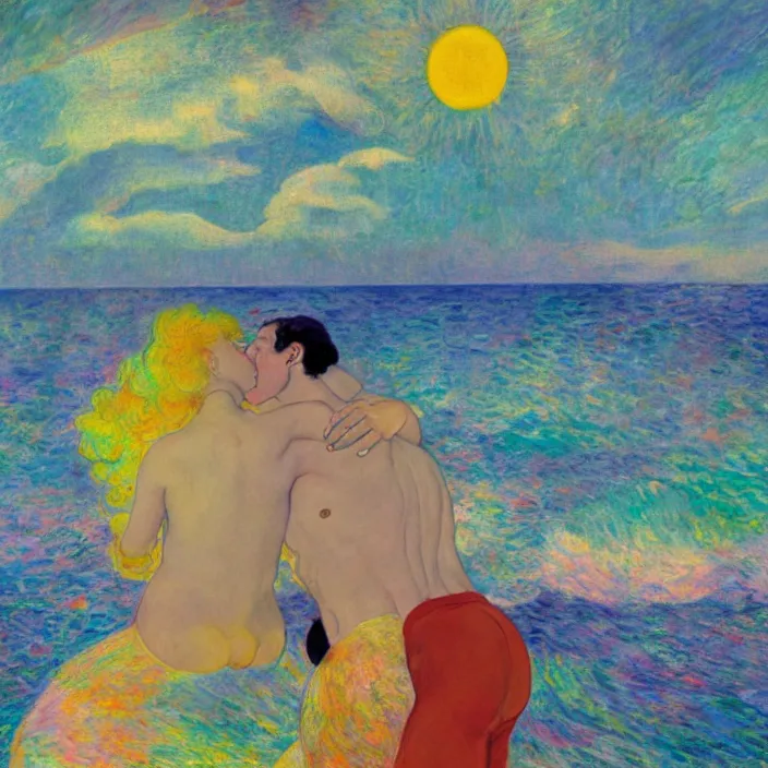 Image similar to close view of woman and man kissing. seaside with tall waves, sun setting through the storm clouds. iridescent, vivid psychedelic colors. painting by agnes pelton, egon schiele, henri de toulouse - lautrec, utamaro, matisse, monet