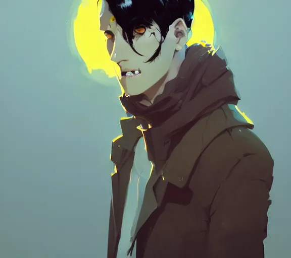 Image similar to portrait man with black hair and yellow eyes, by atey ghailan, by greg rutkowski, by greg tocchini, by james gilleard, by joe fenton, by kaethe butcher, by ashley wood, dynamic lighting, gradient light blue, brown, blonde cream and white color scheme, grunge aesthetic