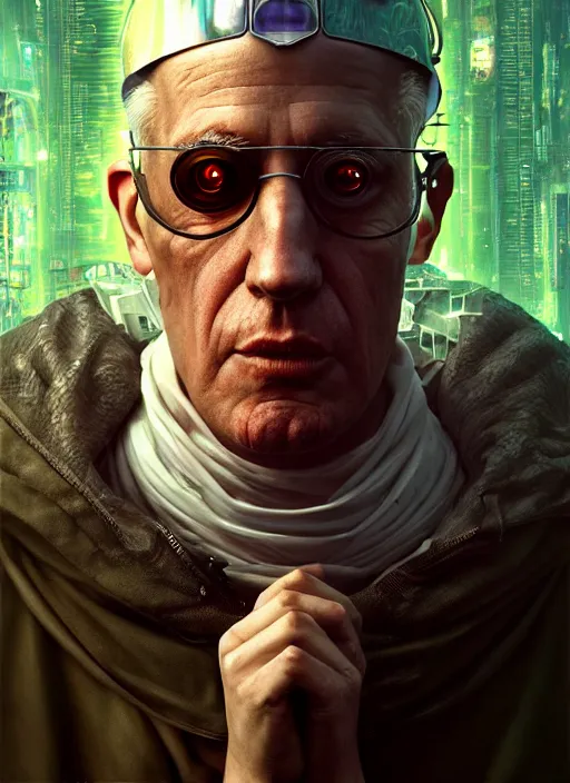 Image similar to the cyberpunk pope, au naturel, hyper detailed, digital art, trending in artstation, cinematic lighting, studio quality, smooth render, unreal engine 5 rendered, octane rendered, art style by klimt and nixeu and ian sprigger and wlop and krenz cushart