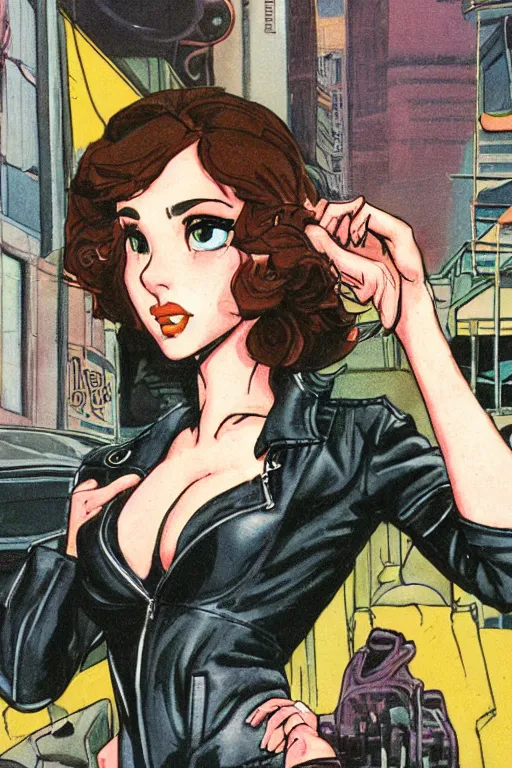 Image similar to portrait of an attractive young female protagonist, center focus, wearing leather jacket, in city street, detailed face, artwork by ralph bakshi