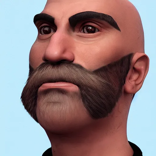 Prompt: a man with a bald head and a beard, a character portrait by senior character artist, featured on polycount, vanitas, steampunk, detailed painting, physically based rendering