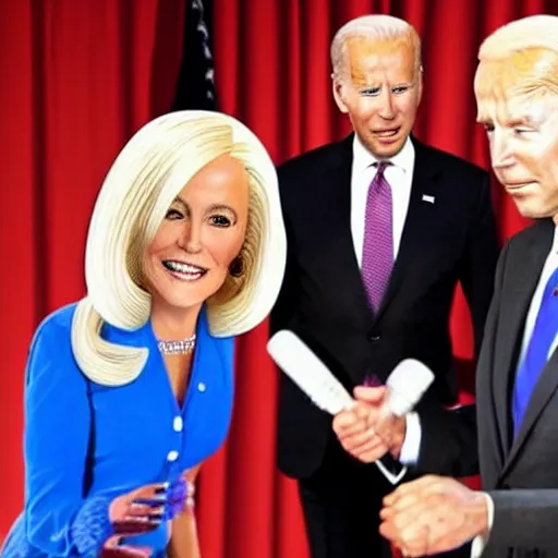 Image similar to photograph of a an alien wearing a blond wig and a red dress and Joe Biden at a press conference