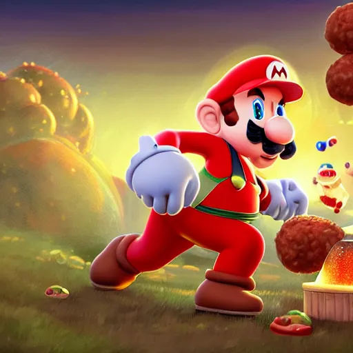 Prompt: pregnant nintendo mario giving birth to italian meatballs, fantasy, high detail, elegant, digital painting, cinematic lighting, vibrant, intricate, textured skin, highly detailed, artstation, sharp, focus, HDR, unreal engine 5, breathtaking, illustration, Anna Dittmann, Ilya Kuvshinov, Nikolay Makovsky