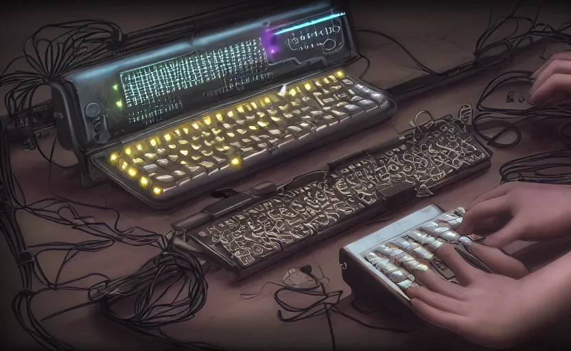 Prompt: small hand tool with leds and keyboards, extremely detailed cyberpunk ( steampunk ), day light, realistic shaded,