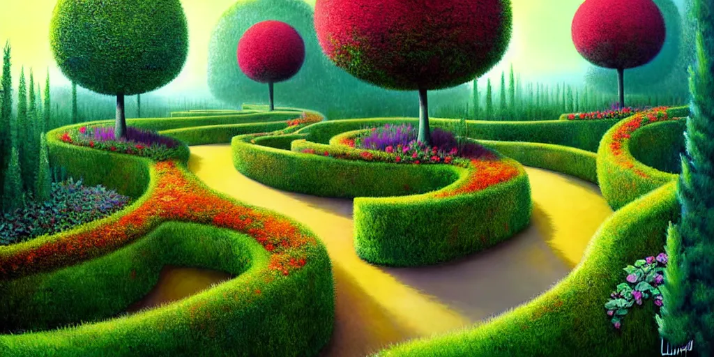 Prompt: Beautiful artwork garden of the future, overgrown with fir trees and plants, hedges, Topiary plants, Nice colour scheme, warm colour. Beautiful artistic digital artwork by artist Lurid. (2022), Gediminas Pranckevicius