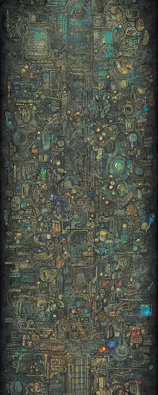 Prompt: an intricate detailed cyberpunk parchment with sketches and matrix rain, ancient text, neon, fractals, recursive, magic, technological, cyberpunk, lovecraft