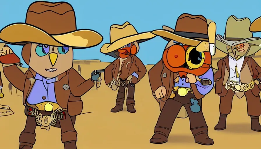 Prompt: 2000s cartoon show screenshot about a gunslinging owl from the wild west, wearing a cowboy hat an eye mask, standing in an old west town the animated show, in the style of cowboys of moo mesa