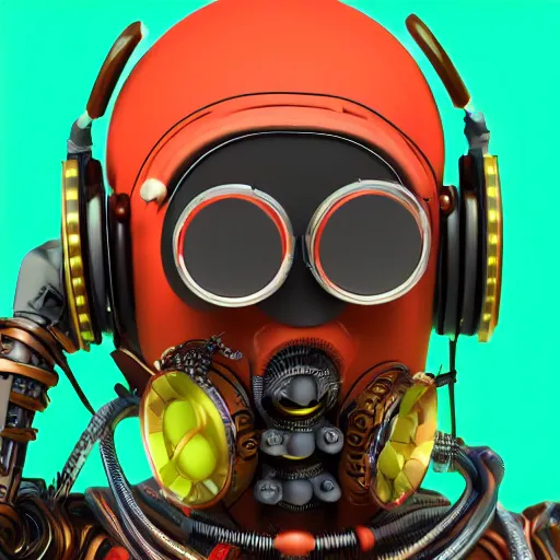 Prompt: a claymodel of a steampunk spaced out futuristic robot head wearing headphones and multicolored tubes, 8 k, front view, symetrical, flourescent colors, halluzinogenic, multicolored, exaggerated detailed, front shot, 3 d render, octane