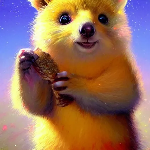 Prompt: An adorable and colorful fantasy painting of a cute and happy quokka with colorful fur, by greg rutkowski and thomas kinkade, trending on artstation