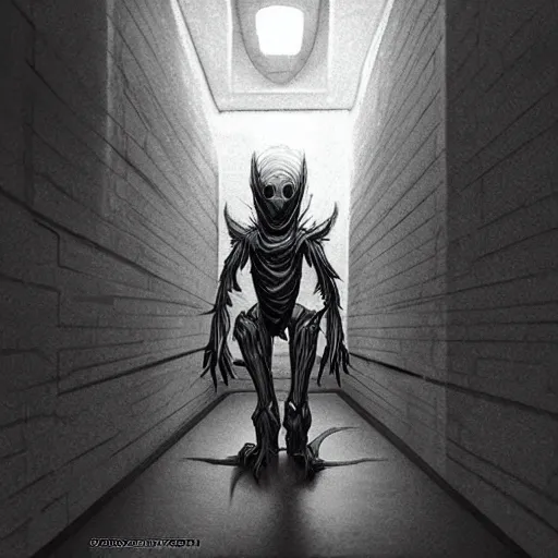 Image similar to “Concept art, creepy spider monster creeping down a dark futuristic hallway, highly detailed”