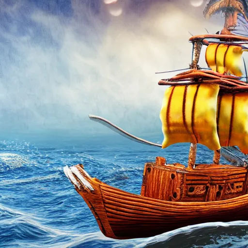 Prompt: a pirate ship on a baked beans sea 4k, photorealistic, high resolution