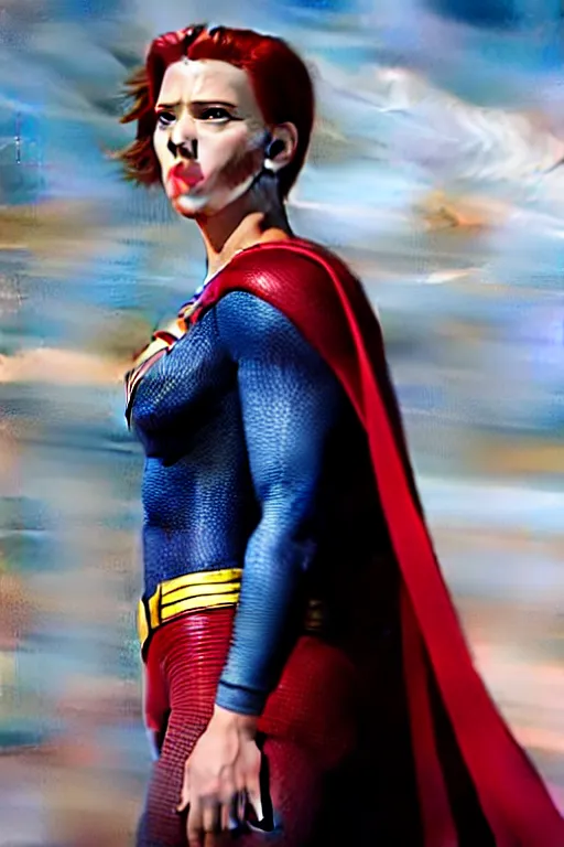 Image similar to 4 k film still, scarlett johansson as superman, 2 6 mm