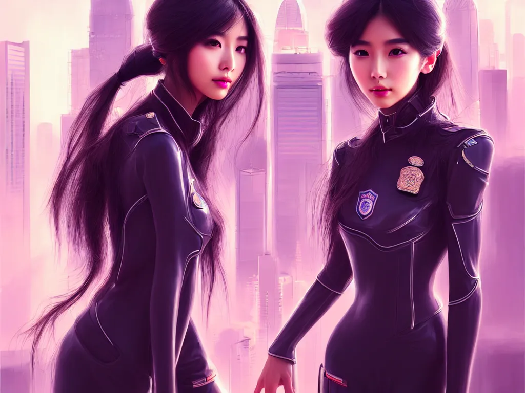 Image similar to portrait angelababy, futuristic hong kong police uniform girl, at future neon light rooftop, ssci - fi and fantasy, intricate and very very beautiful and elegant, highly detailed, digital painting, artstation, concept art, smooth and sharp focus, illustration, art by tan zi and ayanamikodon and alphonse mucha and wlop