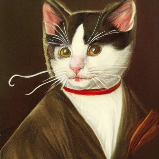 Prompt: portrait painting of an adorable tuxedo kitten in renaissance clothing in the style of Albrecht Duerer