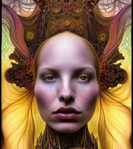 Prompt: detailed realistic beautiful young groovypunk queen of andromedac galaxy in full regal attire. face portrait. art nouveau, symbolist, visionary, baroque, giant fractal details. horizontal symmetry by zdzisław beksinski, iris van herpen, raymond swanland and alphonse mucha. highly detailed, hyper - real, beautiful