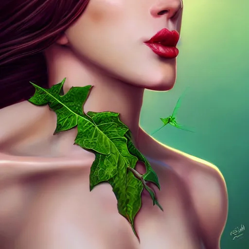 Image similar to profile view close up of a woman's mouth that is about to bite into a banana, summer queen. faerie queen. queen of light, green, poison ivy, made by caravaggio stanley artgerm lau wlop rossdraws artstation cgsociety concept art octane render