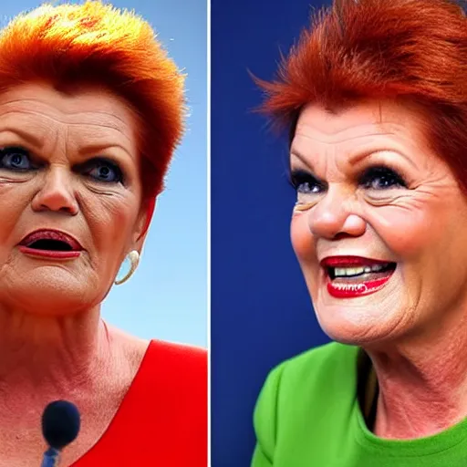 Prompt: Pauline Hanson unzipping her skin to reveal she is secretly a lizard people