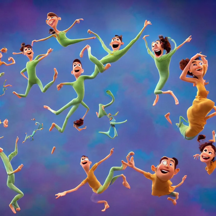 Prompt: full body shot of dancers dancing on the clouds, 3 d animated pixar!! illumination studios animated movie by pete docter, extremely happy smiling and eerie smiles, slimy fluid liquid