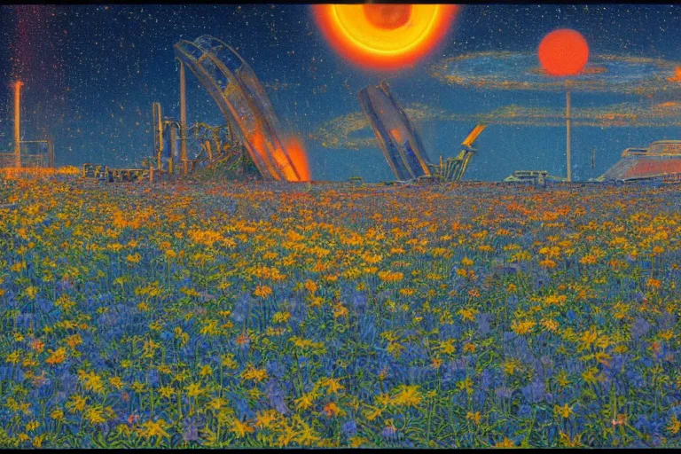 Prompt: hyperrealism, scene from supernova, church, tornado of fire, blue grass, thunderstorm, starship, junkyard, louisiana swamps, orange blooming flowers garden, 8 k, 8 0 s japanese sci - fi books art, artwork by jean giraud