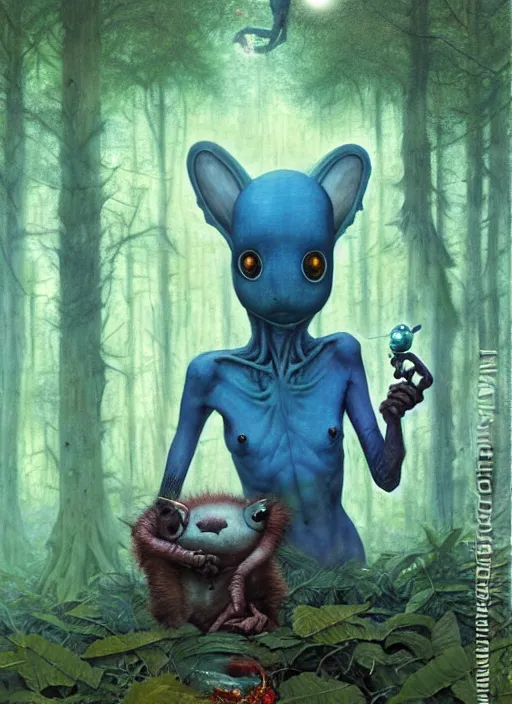 Prompt: cuddly friendly alien in the woods by a river gorgeous lighting, lush forest foliage blue sky a hyper realistic painting by chiara bautista and beksinski and norman rockwell and greg rutkowski, tom bagshaw weta studio, and lucasfilm